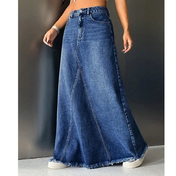 Boho Light Blue Raw hem Jean Denim Pockets Maxi Skirt - Picture 3 of 11